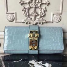 Luxury Faux Hermes Medor Clutch Bag In Ciel Crocodile Leather