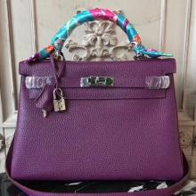 Hermes Purple Clemence Kelly 28cm Bag