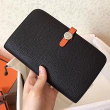 Hermes Bicolor Dogon Duo Wallet In Black/Orange Leather Replica