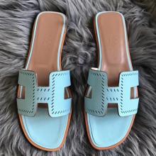 High Quality Fake Hermes Oran Perforated Sandals In Blue Atoll Epsom Leather