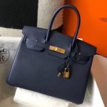 AAA Hermes Navy Blue Clemence Birkin 30cm Handbag