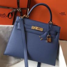 Hermes Kelly 28cm Sellier Handbag In Blue Agate Epsom Leather