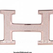 Fake Hermes Reversible Belt 18k Rose Gold Plated H Buckle With Full Diamonds