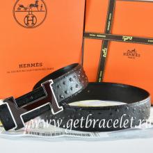 Faux High End Hermes Reversible Belt Black/Black Ostrich Stripe Leather With 18K Black Silver Narrow H Buckle