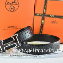 Fake High Quality Hermes Reversible Belt Black/Black Ostrich Stripe Leather With 18K Black Silver White Logo H Buckle