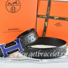 Hermes Reversible Belt Black/Black Ostrich Stripe Leather With 18K Blue Gold Width H Buckle