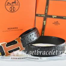Hermes Reversible Belt Black/Black Ostrich Stripe Leather With 18K Brown Gold Width H Buckle Replica