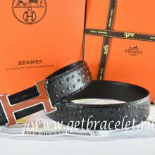 Hermes Reversible Belt Black/Black Ostrich Stripe Leather With 18K Brown Silver Narrow H Buckle