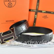 Replica High Quality Hermes Reversible Belt Black/Black Crocodile Stripe Leather With18K Black Gold Width H Buckle