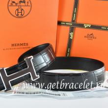 Hermes Reversible Belt Black/Black Crocodile Stripe Leather With18K Black Silver H Buckle Replica