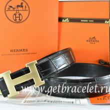 Hermes Reversible Belt Black/Black Crocodile Stripe Leather With18K Drawbench Gold H Buckle