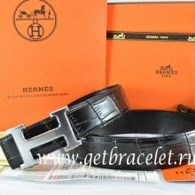 Faux High End Hermes Reversible Belt Black/Black Crocodile Stripe Leather With18K Drawbench Silver H Buckle
