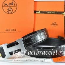 Hermes Reversible Belt Black/Black Crocodile Stripe Leather With18K Silver H Buckle