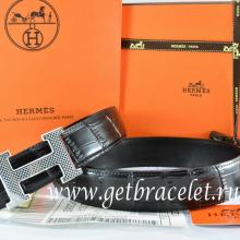Hermes Reversible Belt Black/Black Crocodile Stripe Leather With18K Silver Wave Stripe H Buckle