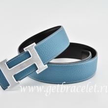 Hermes Reversible Belt Blue/Black Classics H Togo Calfskin With 18k Silver With Logo Buckle