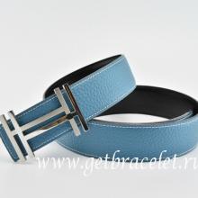 Hermes Reversible Belt Blue/Black H Au Carre Togo Calfskin With 18k Silver Buckle