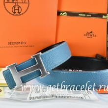 Hermes Reversible Belt Blue/Black Togo Calfskin With 18k Drawbench Silver H Buckle