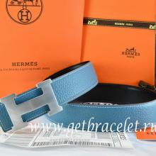 AAA Hermes Reversible Belt Blue/Black Togo Calfskin With 18k Silver H Buckle