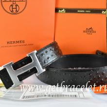 Hermes Reversible Belt Black/Black Ostrich Stripe Leather With 18K Drawbench Silver H Buckle Replica