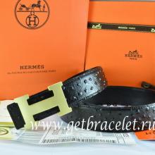 Knockoff Hermes Reversible Belt Black/Black Ostrich Stripe Leather With 18K Gold H Buckle