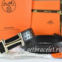Hermes Reversible Belt Black/Black Ostrich Stripe Leather With 18K Gold Idem Buckle Replica