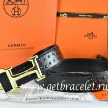 Hermes Reversible Belt Black/Black Ostrich Stripe Leather With 18K Gold Idem With Logo Buckle