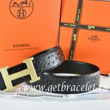 High End Fake Hermes Reversible Belt Black/Black Ostrich Stripe Leather With 18K Gold Wave Stripe H Buckle