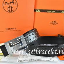Hermes Reversible Belt Black/Black Ostrich Stripe Leather With 18K Silver Big H Buckle