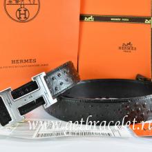 Perfect Replica Hermes Reversible Belt Black/Black Ostrich Stripe Leather With 18K Silver Geometric Stripe H Buckle