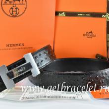 Luxury Faux Hermes Reversible Belt Black/Black Ostrich Stripe Leather With 18K Silver H Logo Buckle