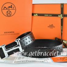 Hermes Reversible Belt Black/Black Ostrich Stripe Leather With 18K Silver Idem With Logo Buckle Replica