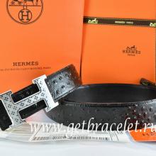 Cheap Replica Hermes Reversible Belt Black/Black Ostrich Stripe Leather With 18K Silver Spot Stripe H Buckle
