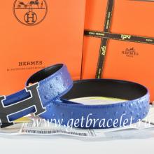 Copy Hermes Reversible Belt Blue/Black Ostrich Stripe Leather With 18K Black Gold Width H Buckle
