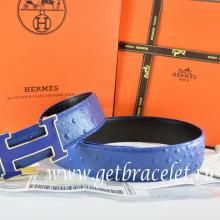 Cheap Hermes Reversible Belt Blue/Black Ostrich Stripe Leather With 18K Blue Gold Width H Buckle