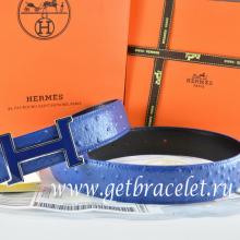 Knockoff Hermes Reversible Belt Blue/Black Ostrich Stripe Leather With 18K Blue Silver Narrow H Buckle