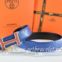 Luxury Hermes Reversible Belt Blue/Black Ostrich Stripe Leather With 18K Brown Silver Narrow H Buckle