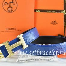 Hermes Reversible Belt Blue/Black Ostrich Stripe Leather With 18K Gold Bamboo Strip H Buckle