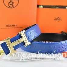 Hermes Reversible Belt Blue/Black Ostrich Stripe Leather With 18K Gold Geometric Stripe H Buckle