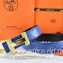 Copy Hermes Reversible Belt Blue/Black Ostrich Stripe Leather With 18K Gold H Logo Buckle