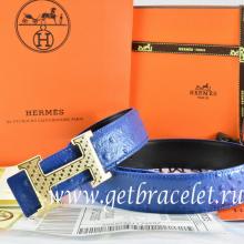 Hermes Reversible Belt Blue/Black Ostrich Stripe Leather With 18K Gold Spot Stripe H Buckle Replica