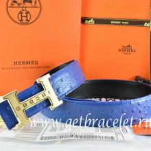 Hermes Reversible Belt Blue/Black Ostrich Stripe Leather With 18K Gold Weave Stripe H Buckle Replica