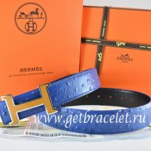 Knockoff Hermes Reversible Belt Blue/Black Ostrich Stripe Leather With 18K Orange Silver Narrow H Buckle