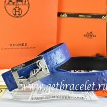 Copy Hermes Reversible Belt Blue/Black Ostrich Stripe Leather With 18K Silver Coach Buckle