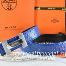 Hermes Reversible Belt Blue/Black Ostrich Stripe Leather With 18K Silver H Logo Buckle