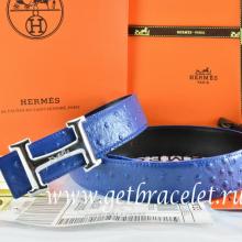 High End Imitation Hermes Reversible Belt Blue/Black Ostrich Stripe Leather With 18K Silver Idem With Logo Buckle