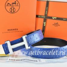 Knockoff Designer Hermes Reversible Belt Blue/Black Ostrich Stripe Leather With 18K White Silver Narrow H Buckle