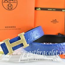 Knockoff Hermes Reversible Belt Blue/Black/Black Ostrich Stripe Leather With 18K Drawbench Gold H Buckle