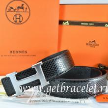 Hermes Reversible Belt Black/Black Snake Stripe Leather With 18K Drawbench Silver H Buckle