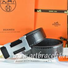 Replica Hermes Reversible Belt Black/Black Snake Stripe Leather With 18K Silver H Buckle