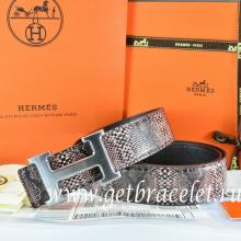 Hermes Reversible Belt Brown/Black Snake Stripe Leather With 18K Drawbench Silver H Buckle Replica